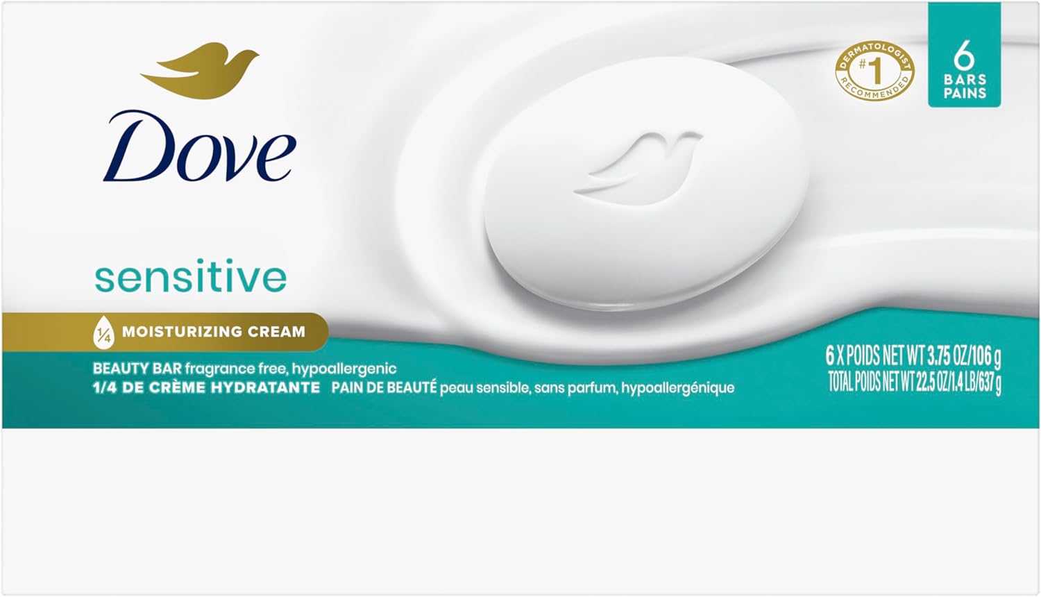 Dove Beauty Bar Soap Sensitive, 6 Bars for Sensitive Skin, Fragrance Free and Hypoallergenic 3.75 oz - Image 3