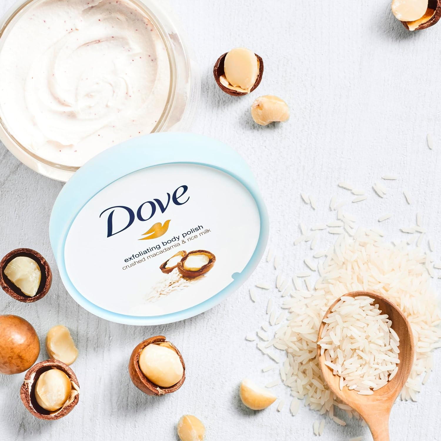 Dove Exfoliating Body Polish Scrub,Macadamia & Rice Milk,with ¼ moisturising cream, 225ml - Image 4