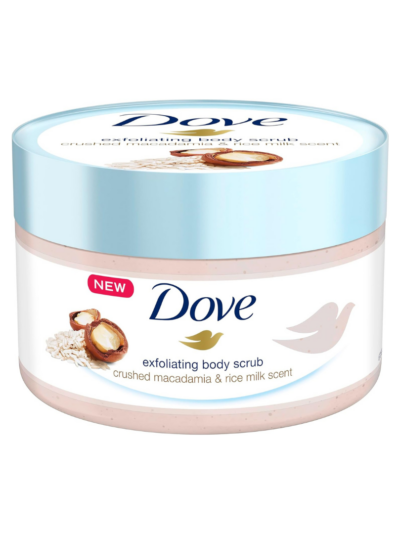 Dove Exfoliating Body Polish Scrub,Macadamia & Rice Milk,with ¼ moisturising cream, 225ml