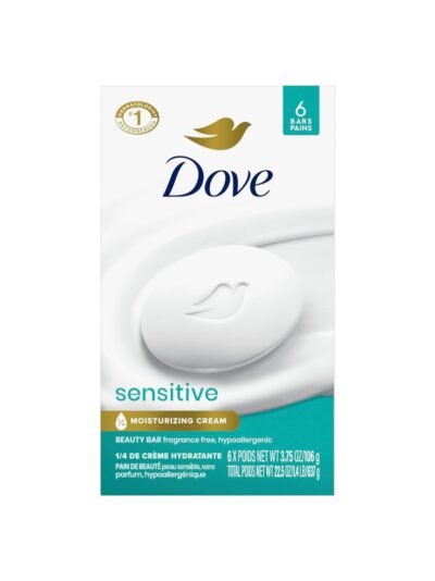 Dove Beauty Bar Soap Sensitive, 6 Bars for Sensitive Skin, Fragrance Free and Hypoallergenic 3.75 oz