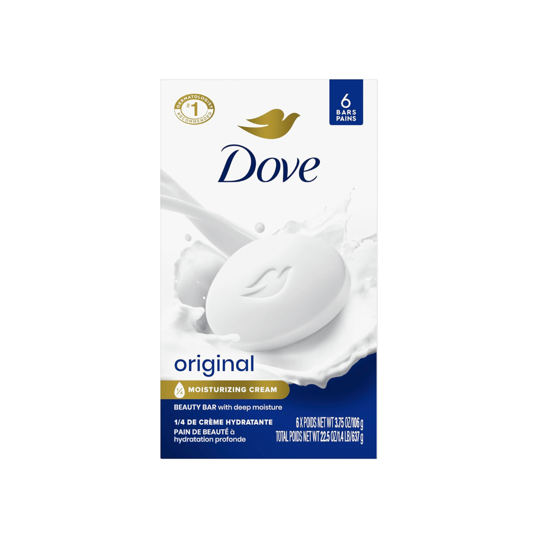 Dove Beauty Bar Gentle Skin Cleanser Moisturizing for Gentle Soft Skin Care Original Made With 1/4 Moisturizing Cream 3.75 oz, 6 Bars