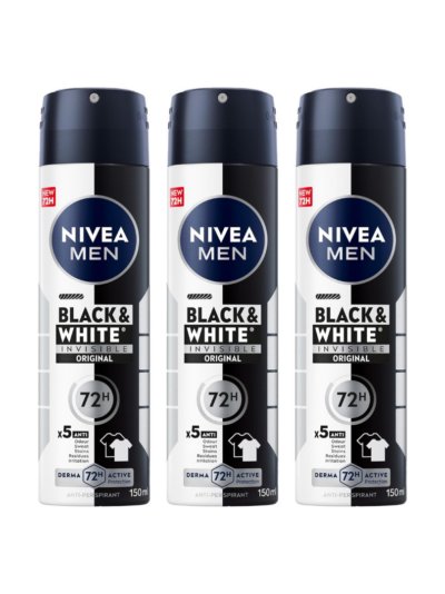 NIVEA MEN Antiperspirant Spray for Men, Black & White Invisible Protection Original, 3x150ml